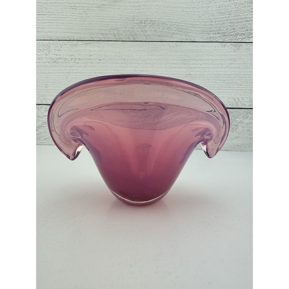 Vintage Murano Art Glass Clam Shell Bowl Pink Cranberry Opalescent Dual Base
